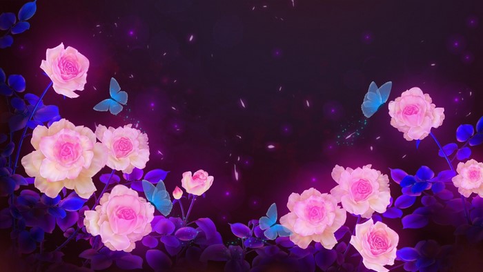 Pink roses and blue butterflies with glowing particles