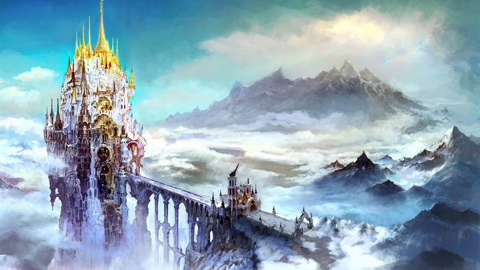 Fantasy castle on a mountain peak with clouds