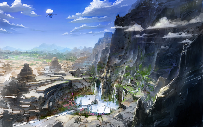 Fantasy landscape with waterfalls and floating island