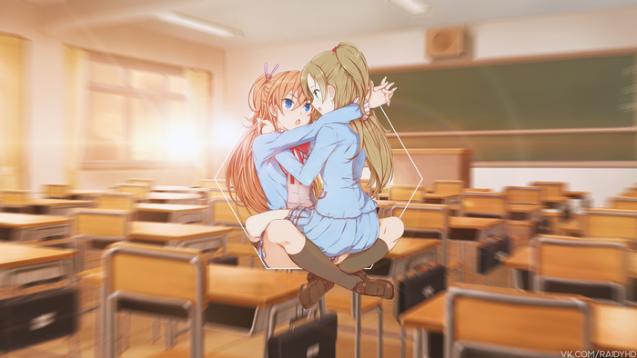 Anime girls hugging in a classroom