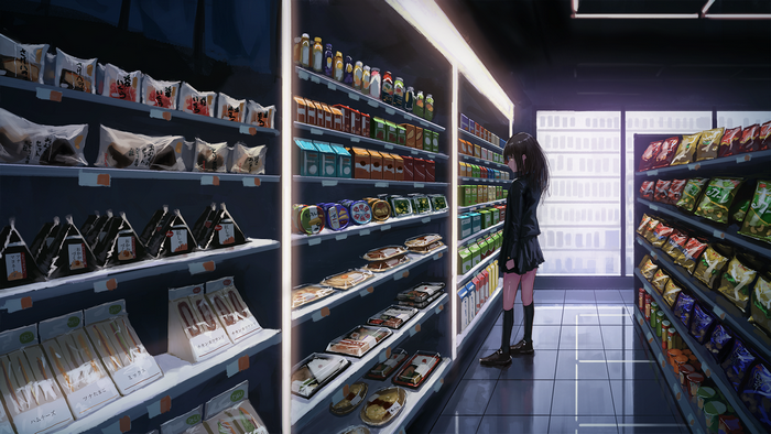 Anime girl in convenience store aisle with snacks and drinks