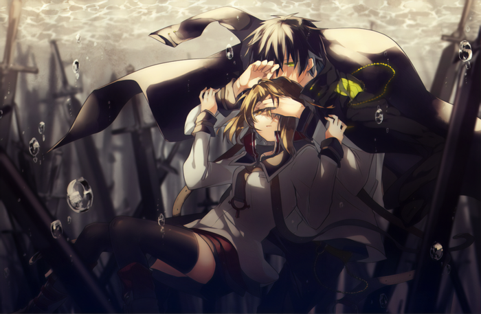 Anime couple underwater with swords