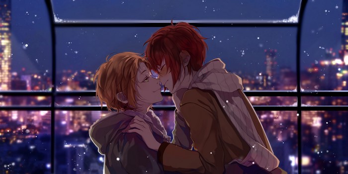 Two anime boys kissing with city lights at night