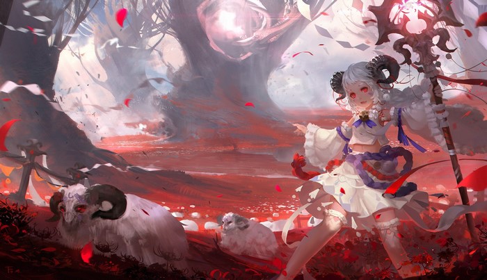 Fantasy girl with ram horns and staff in a red forest
