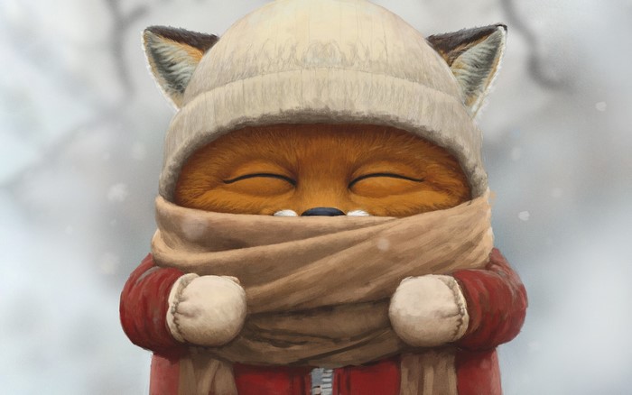 Cute fox wearing a hat and scarf in the snow