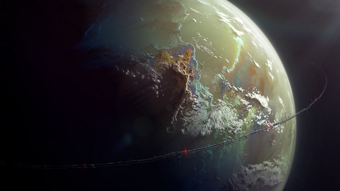 Alien planet with orbital ring in space