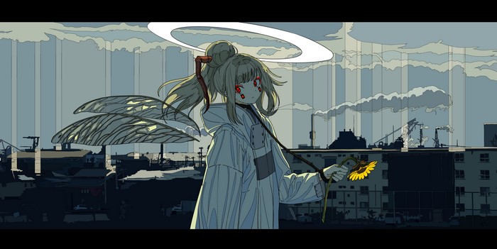 Anime girl with sunflower and halo in cityscape