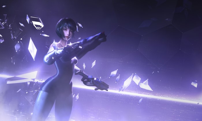 Cyber Hunter woman with guns in purple futuristic setting