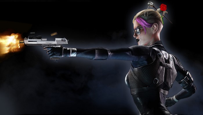 Cassie Cage from Mortal Kombat firing a pistol