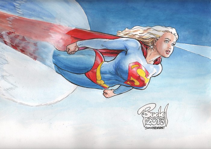 Superwoman flying through the sky by Budd Root
