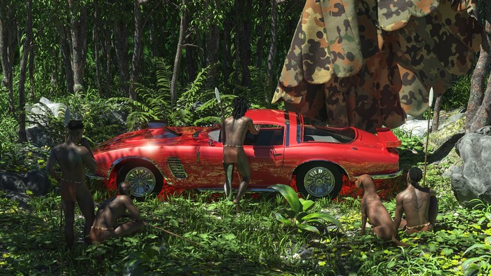 Tribesmen and dog with red car in jungle