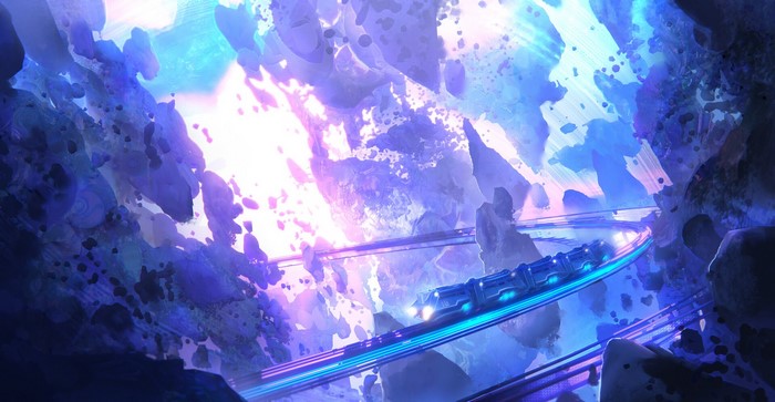 Sci-fi train traveling through a rocky, glowing alien landscape