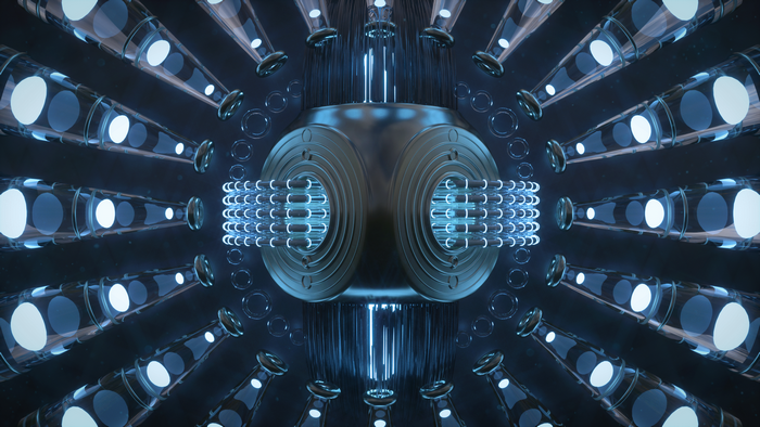 Abstract glowing metallic structure with glass tubes