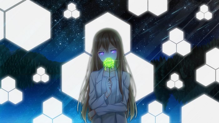 Anime girl with glowing flower and hexagonal patterns