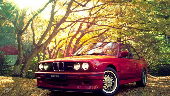 Red BMW M3 E30 in Autumn Forest
