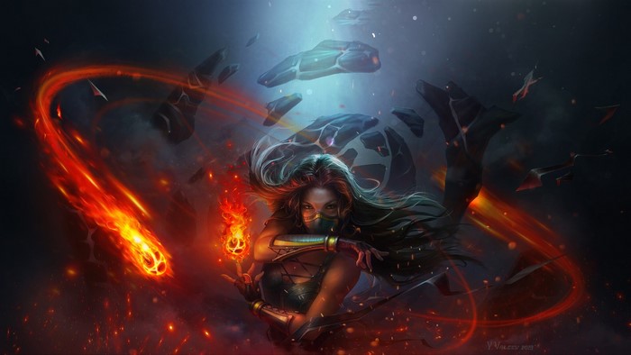 Fantasy girl with fire and rocks