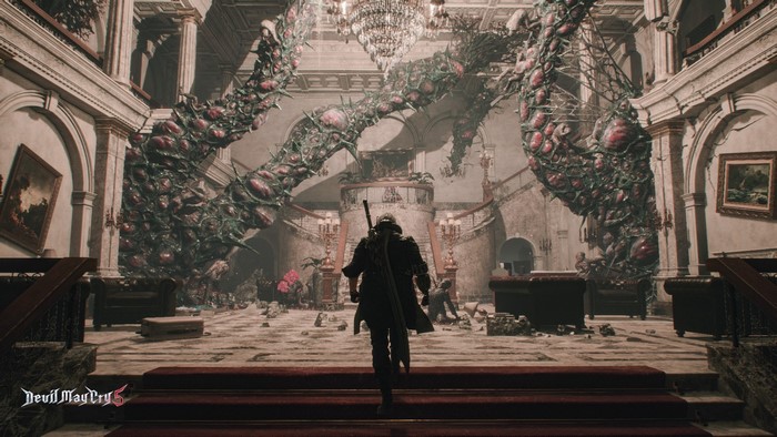 Nero from Devil May Cry 5 in a ruined mansion