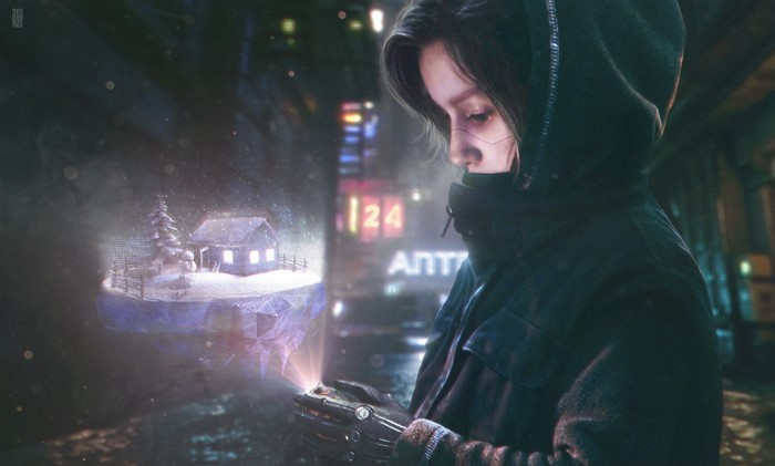 Girl with futuristic implants viewing a holographic winter scene