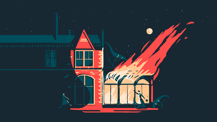 Illustration of a house on fire at night