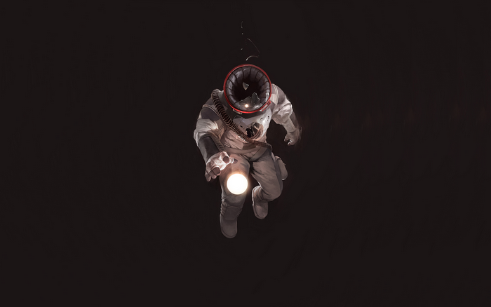 Astronaut with flashlight in dark space