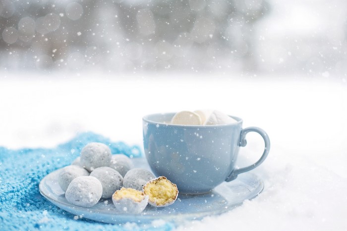 Cup of hot chocolate with marshmallows and cookies in snow