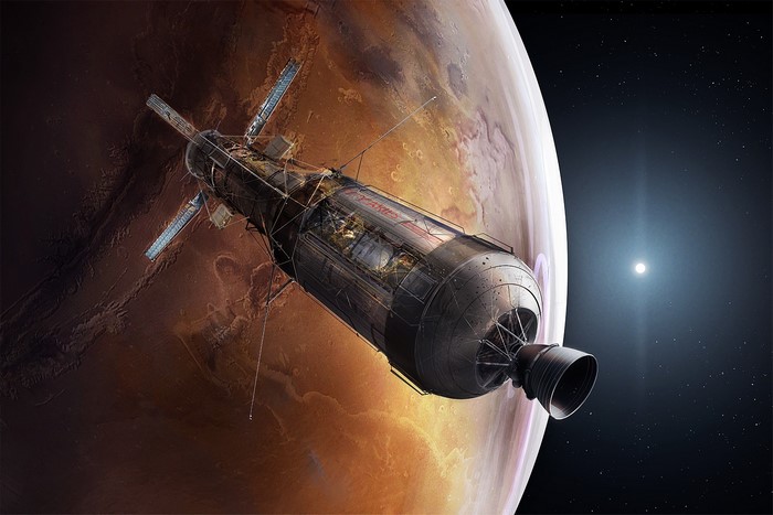 Spaceship orbiting Mars with a distant star