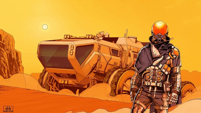 Futuristic astronaut and rover on Mars