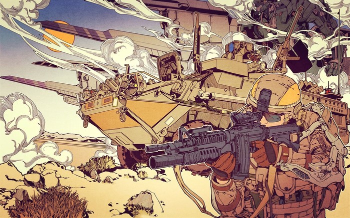 Soldier with assault rifle and armored vehicle in desert