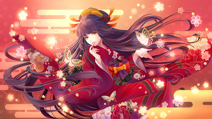 Anime girl in red kimono with butterflies and flowers