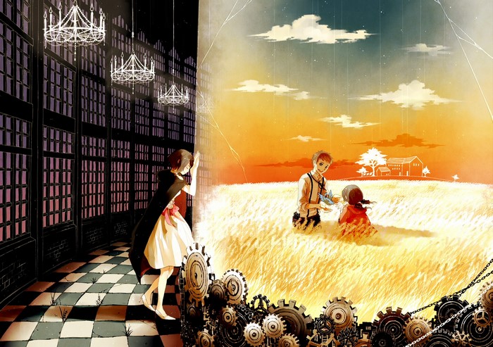 Girl in library looking at a field with children