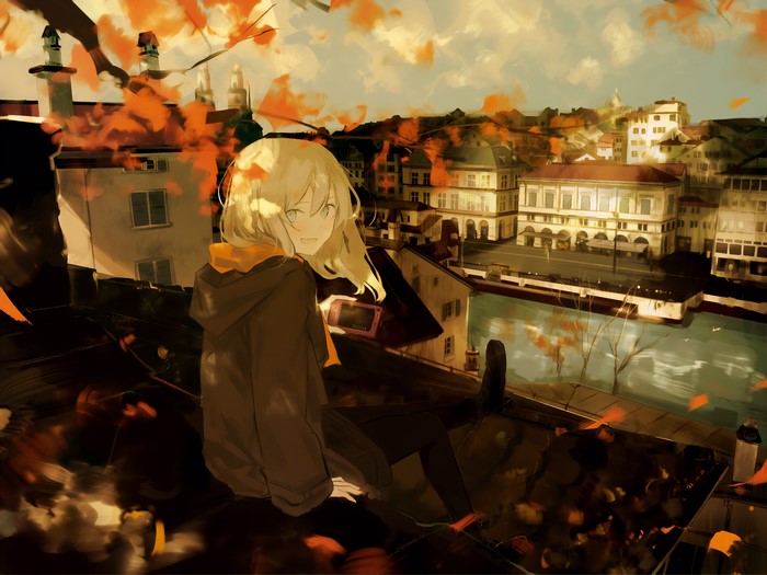 Anime girl with blonde hair on rooftops overlooking a town in fall