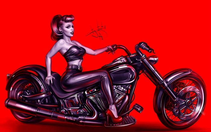 Pinup model on a motorcycle