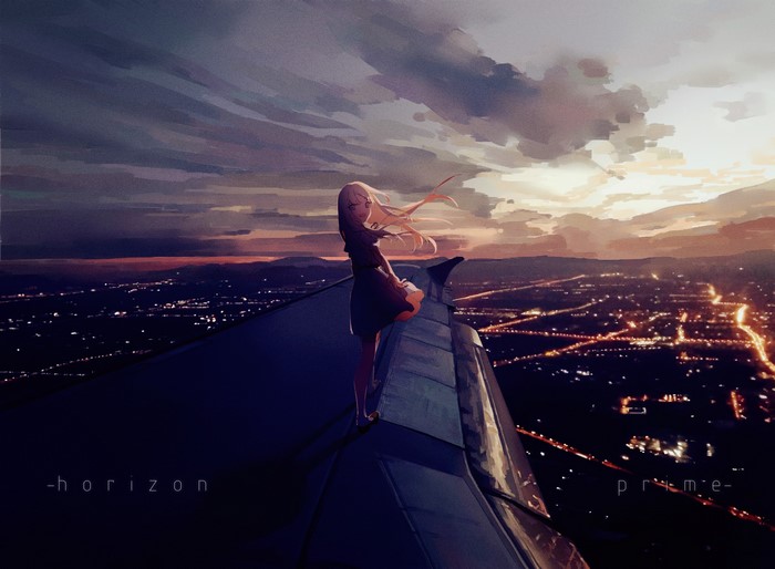Anime girl on airplane wing overlooking city at sunset