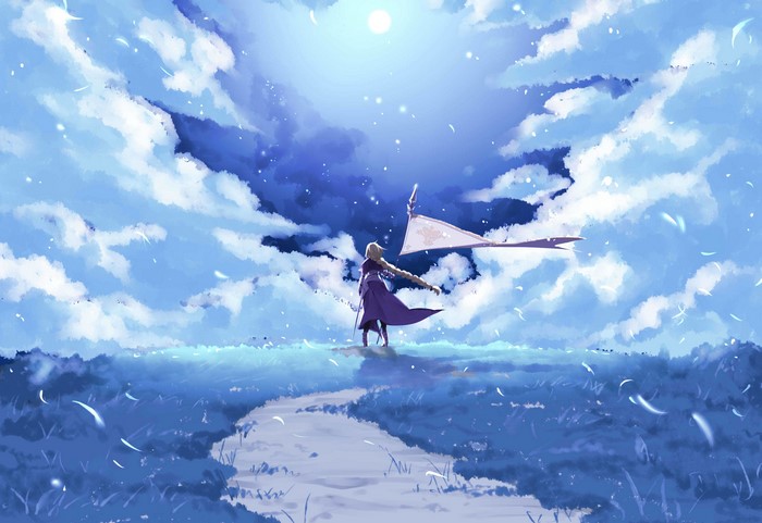Ruler from Fate/Grand Order in a cloudy landscape
