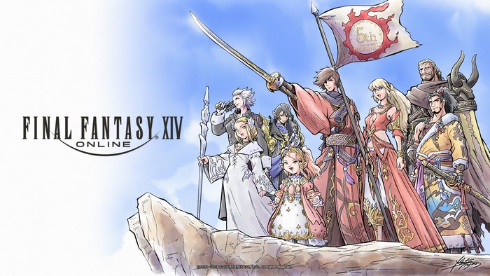 Final Fantasy XIV Online characters with 5th anniversary banner