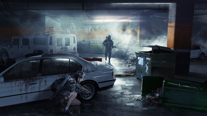 Anime girl with gun in BMW E34 in parking garage