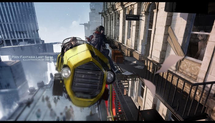 Two anime girls in a yellow vehicle in a futuristic city