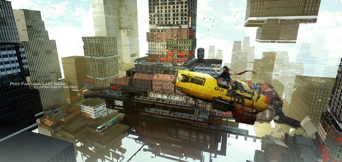 Anime girl on a flying taxi in a futuristic city
