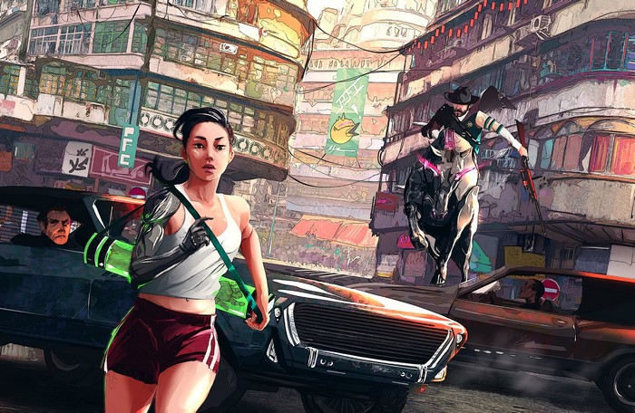 Cyborg woman running in futuristic city with cowboy on horse