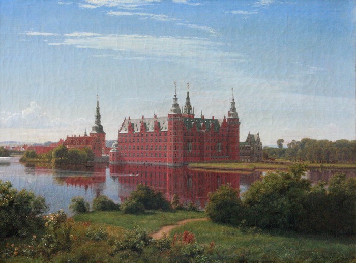 Painting of a red castle on a lake