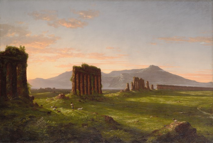 Landscape painting of ancient ruins at sunset