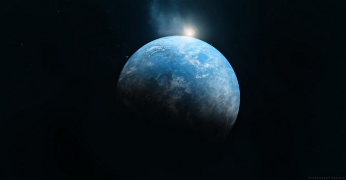 Blue planet in space with sun rising
