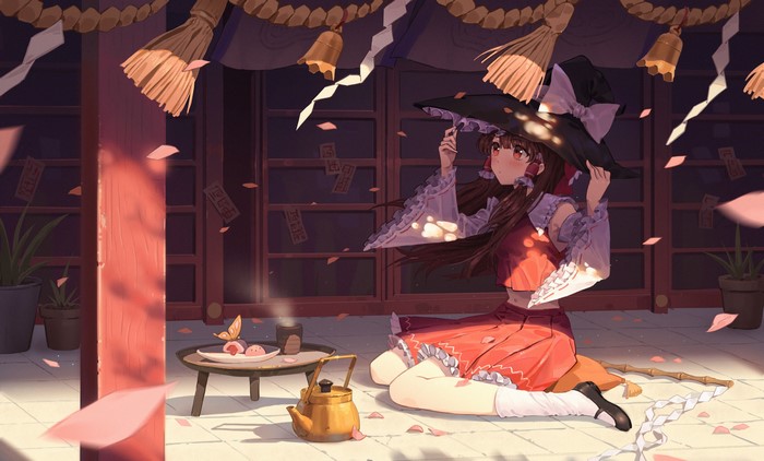 Hakurei Reimu from Touhou kneeling by a tea set