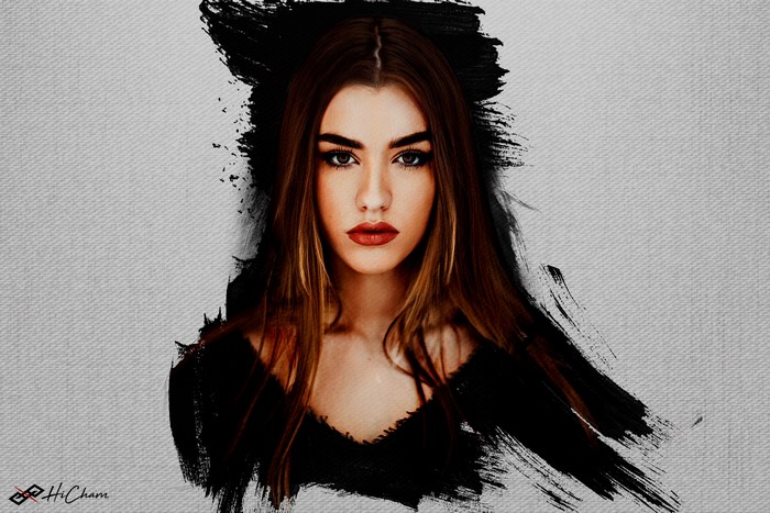 Woman with long brown hair and red lipstick