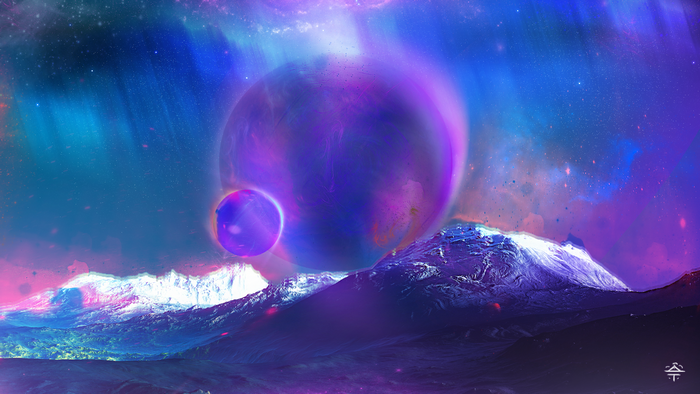 Digital art of planets over mountains in space