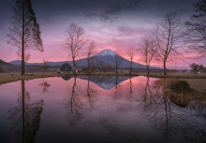 Mount Fuji reflection in a lake at sunrise, Japan