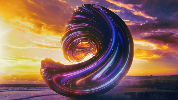Abstract swirling shape against a sunset sky