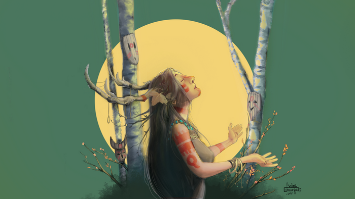 Fantasy girl with antlers and masks in forest