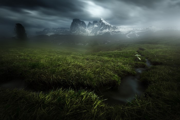 Misty mountains and a stream in a grassy field