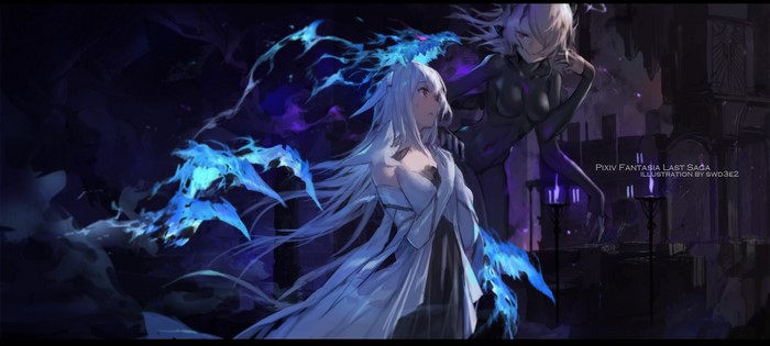 Two women with blue energy in a dark fantasy setting
